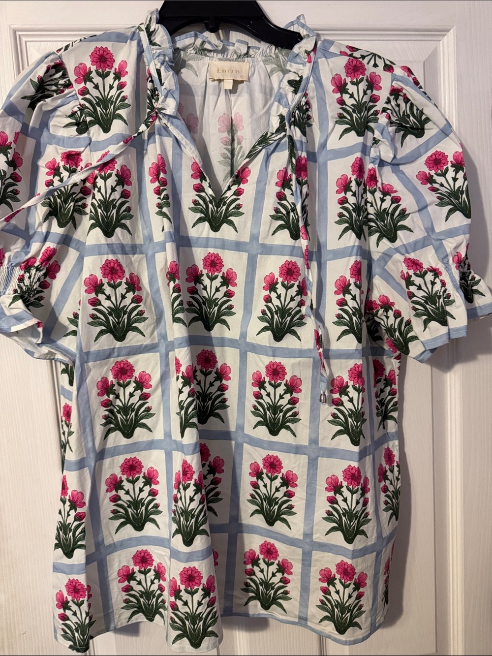 entro White Floral Print Puff Sleeve Blouse with Pink & Green Accents